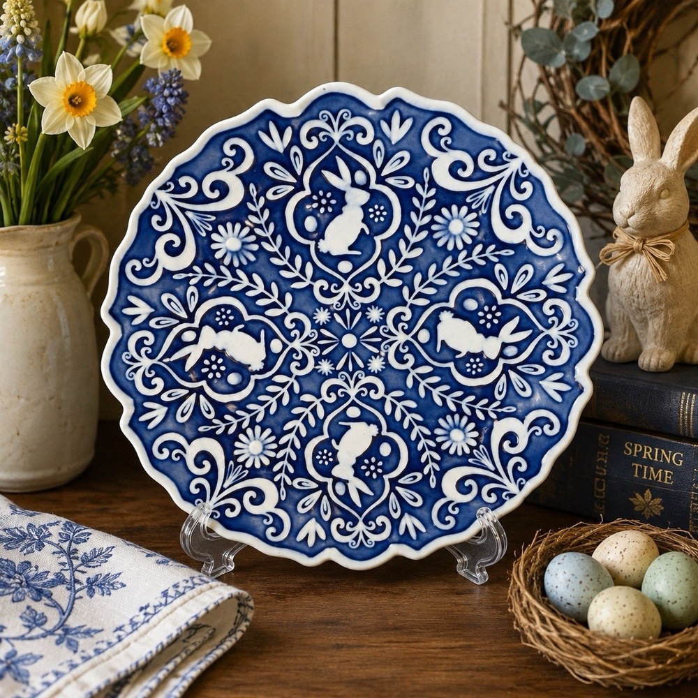 Pier 1 Imports Blue & White Bunny Stoneware Salad Plate 8.5"